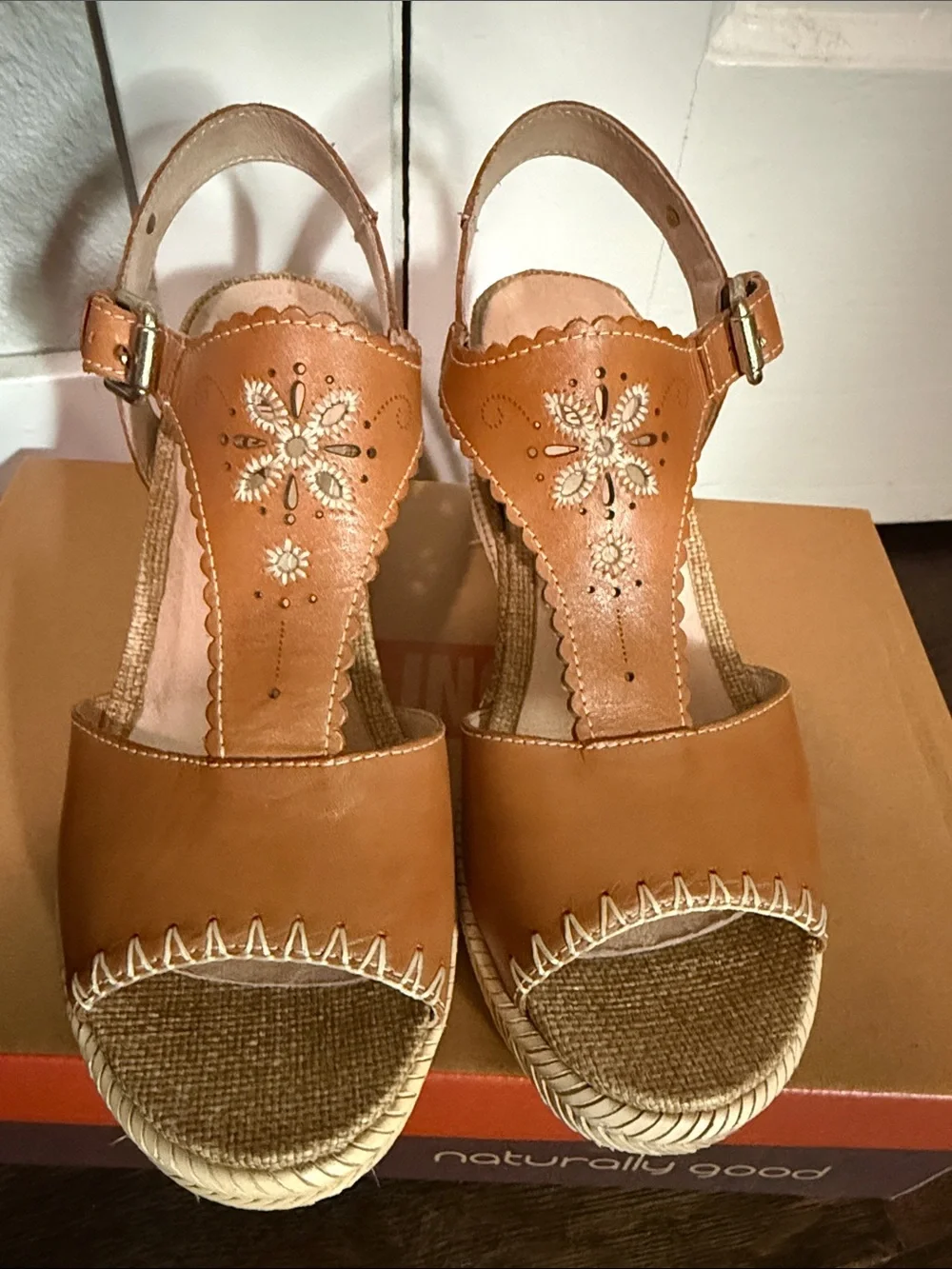 Pikolinos Mojacar Brandy Leather Espadrille Wedge Sandals Sz 39